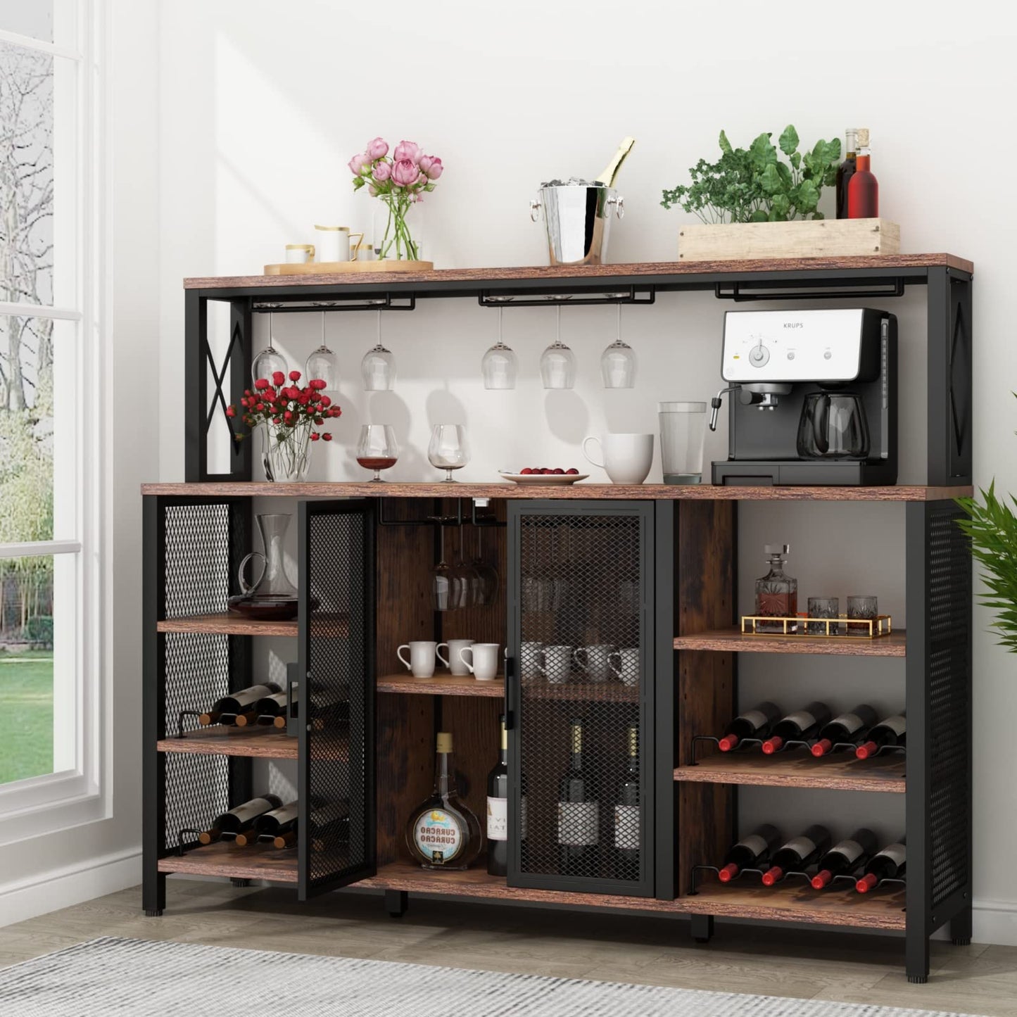 Wine Bar Cabinet with Drawer and LED Lights, 55 Inches Industry Coffee Bar Cabinet with Wine Rack and Glass Goblet Holder, Kitchen Sideboard Buffet Cabinet for Liquor and Goblet