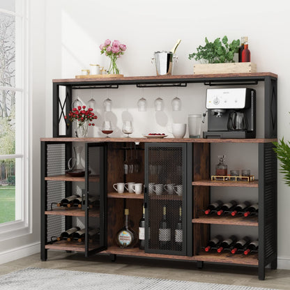 Wine Bar Cabinet with Drawer and LED Lights, 55 Inches Industry Coffee Bar Cabinet with Wine Rack and Glass Goblet Holder, Kitchen Sideboard Buffet Cabinet for Liquor and Goblet