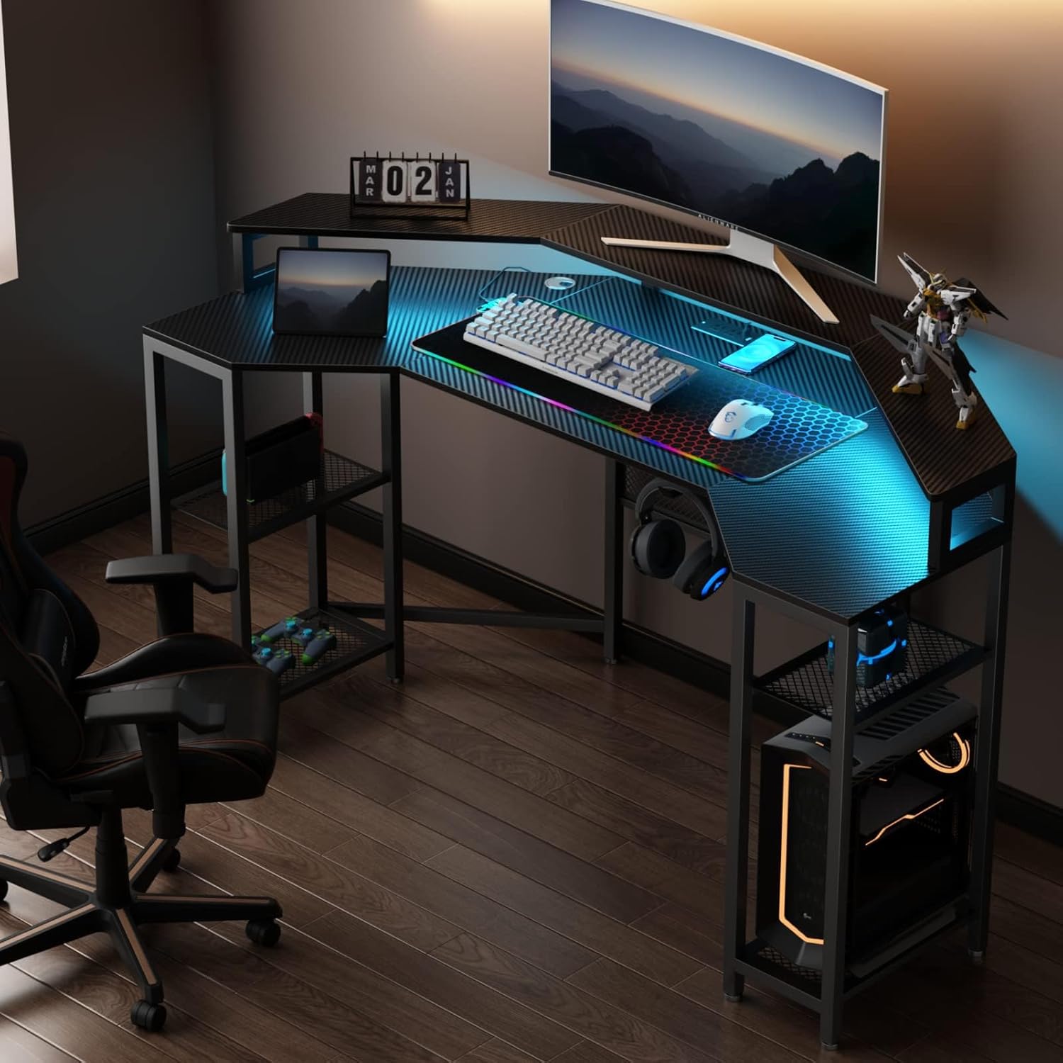 Gaming Desk with Power Outlets & LED Lights, 63" Wing-Shaped Computer Desk with Full Monitor Stand,Wireless Charging,Shelves,RGB Mouse Pad, Studio Desk Corner Desk with Headphone Hook (Black)