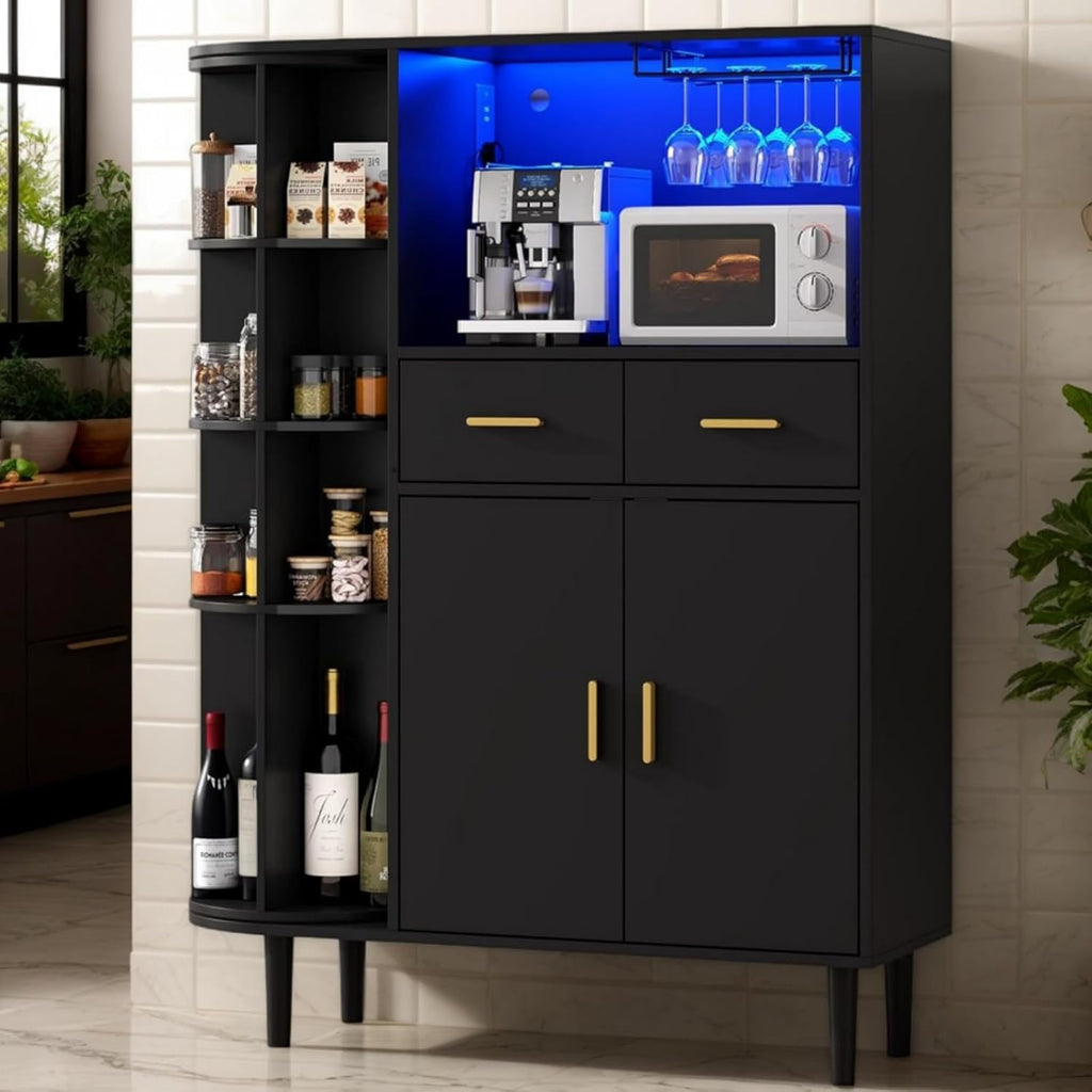 Kitchen Pantry Storage Cabinet with Charging Station and LED Lights, Freestanding Buffet Sideboards with Wine Glass Holder,Food Hutch Cabinet with Rotation 4-Tier Storage Rack for Kitchen(Black)
