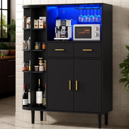 Kitchen Pantry Storage Cabinet with Charging Station and LED Lights, Freestanding Buffet Sideboards with Wine Glass Holder,Food Hutch Cabinet with Rotation 4-Tier Storage Rack for Kitchen(Black)