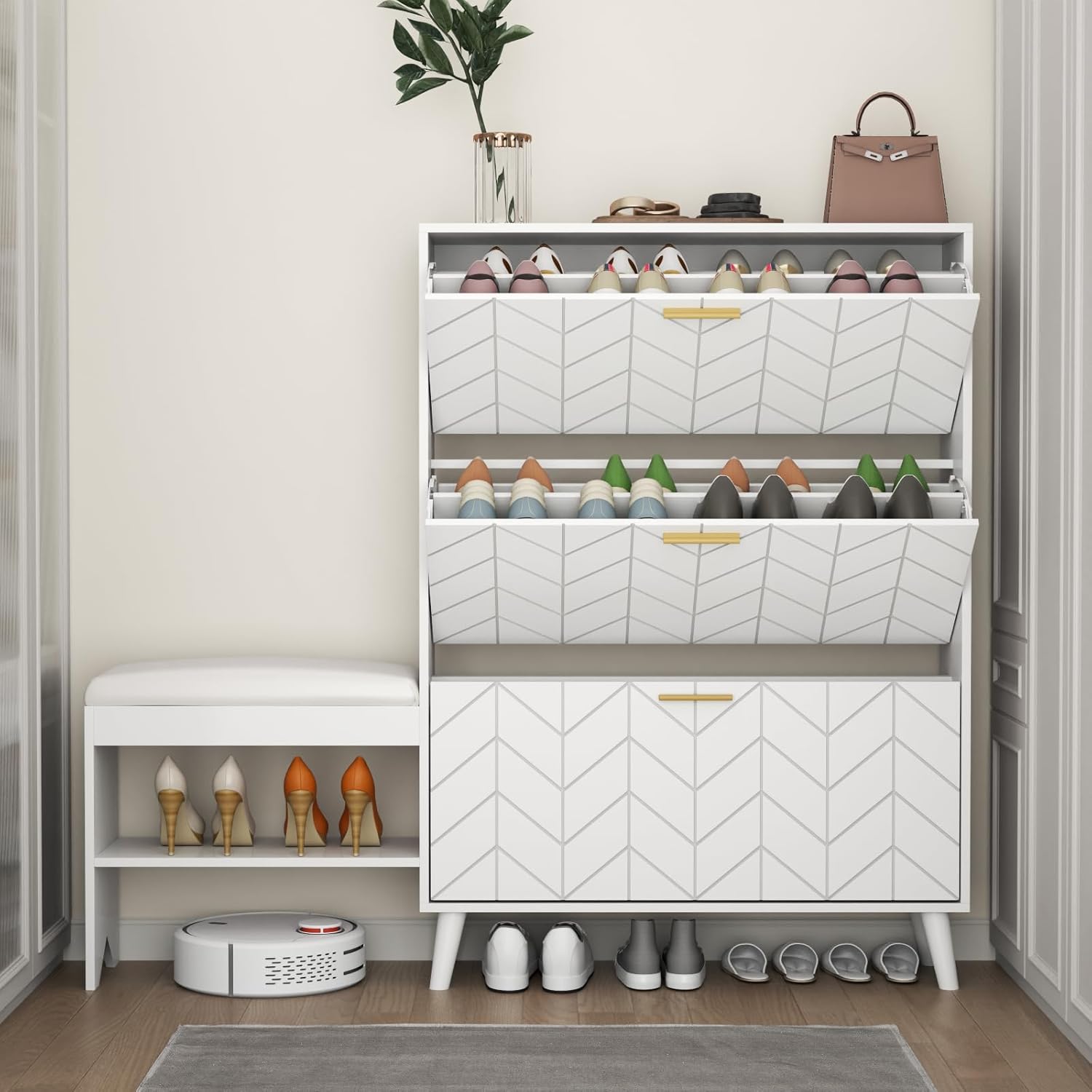 Shoe Storage Cabinet with 3 Flip Drawers, Shoe Cabinet with Bench & Open Shelf for Entryway, Freestanding Narrow Hidden Shoe Rack Organizer with Solid Wood Legs for Hallway (White)