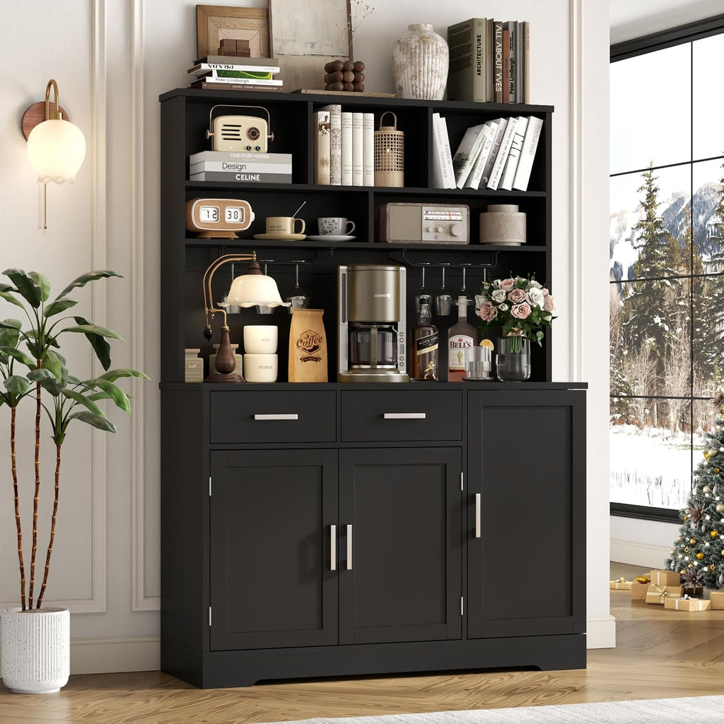 Tall Pantry Cabinet with Darwers, Modern Kitchen Hutch with Microwave Stand