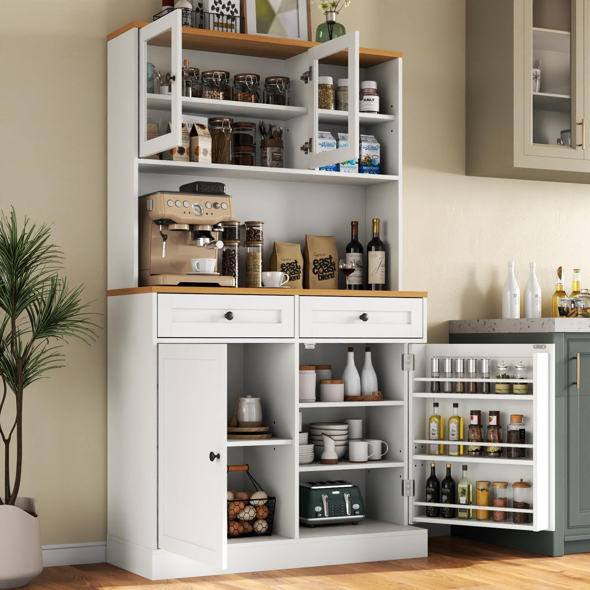 Tall Pantry Cabinet with Darwers, Modern Kitchen Hutch with Microwave Stand