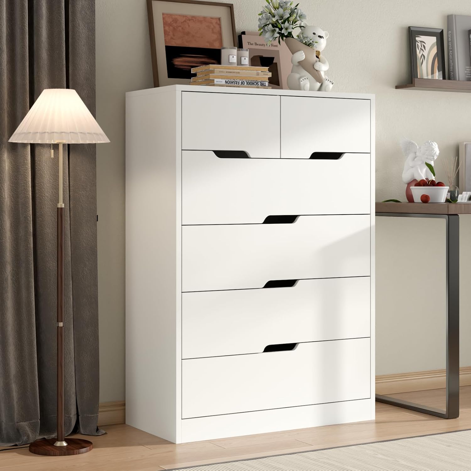 White 6 Drawer Dresser, Tall White Dresser for Bedroom, Modern Chest of Drawers for Living Room, Wooden Drawer Storage Cabinet, 5-Layer Large Capacity Clothing Organizer for Closet, Hallway