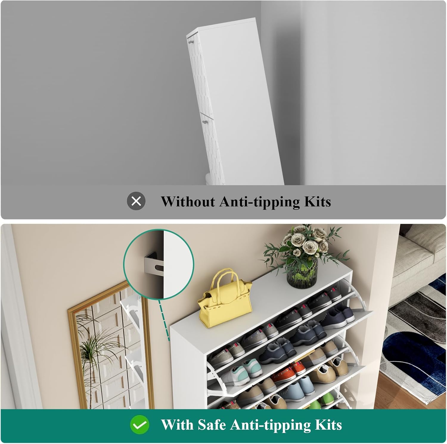 Shoe Storage Cabinet with 3 Flip Drawers, Shoe Cabinet with Bench & Open Shelf for Entryway, Freestanding Narrow Hidden Shoe Rack Organizer with Solid Wood Legs for Hallway (White)