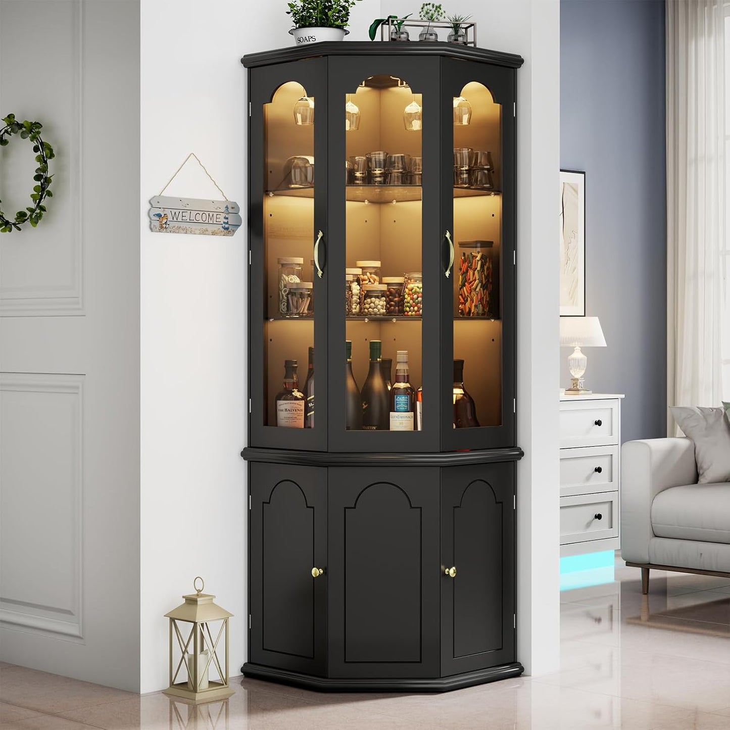 Corner Bar Cabinet w/LED Lights, Tall Modern Wine Cabinet with Tempered Glass Door & Adjustable Shelves, Home Bar Liquor Storage Cabinet with Glass Rack for Living Room, Dining Room (Black)