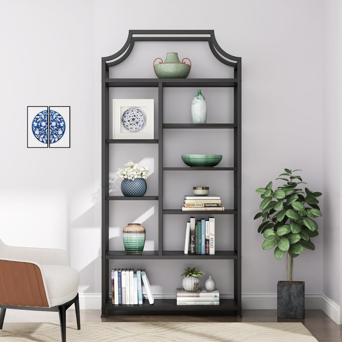8-Tier Open Shelf Bookcase, 70.87"H x 31.5"L Lux Etagere Bookshelf, Modern Display Shelf with Black Metal Frame & Shelves,Tall Storage Display for Bedroom, Home Office & Living Room (Black)