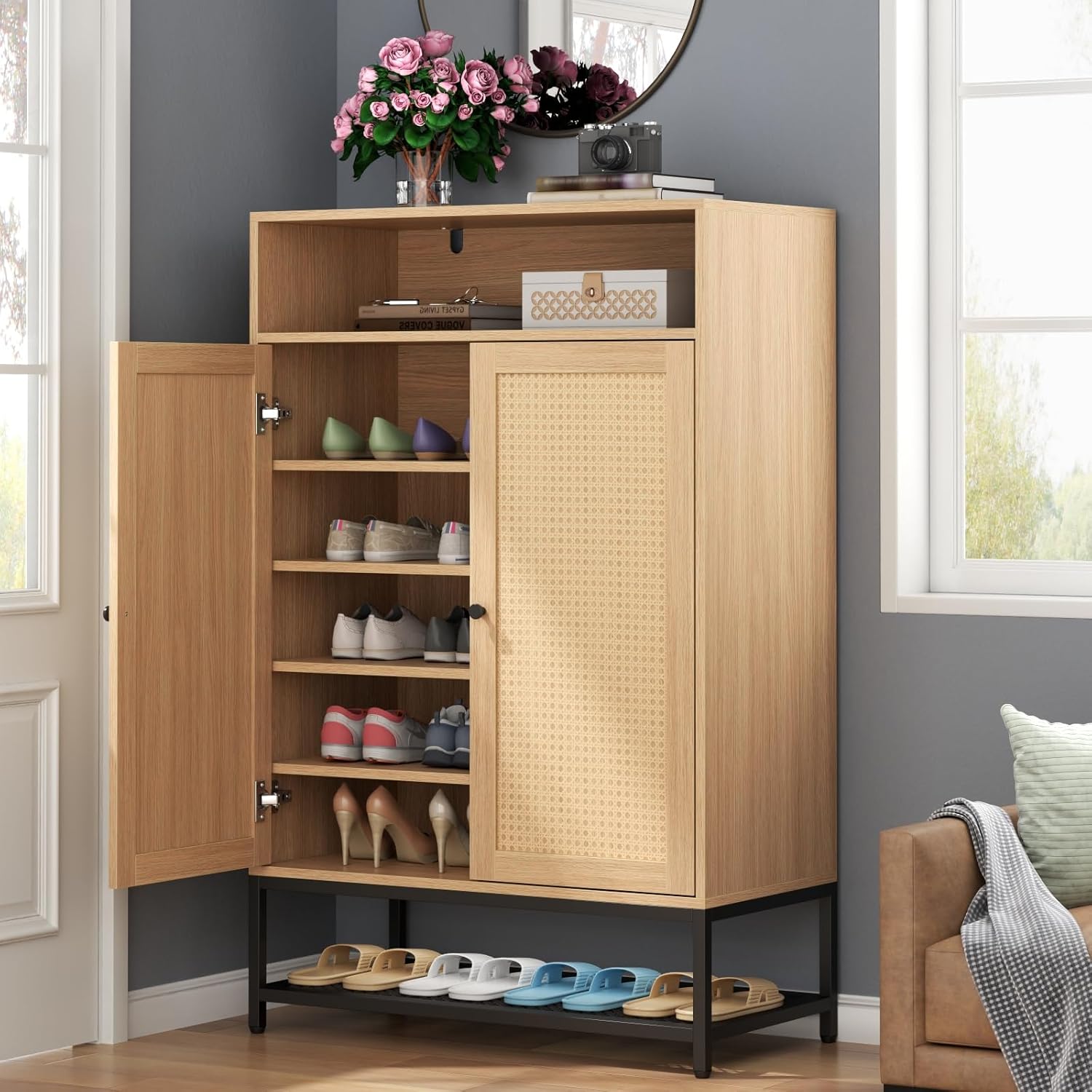 Rattan Shoe Organizer with Doors, Shoe Storage Cabinet with Adjustable Shelves for Entryway, 7-Tier Entryway Shoe Rack Storage for Hallway, Closet, Living Room