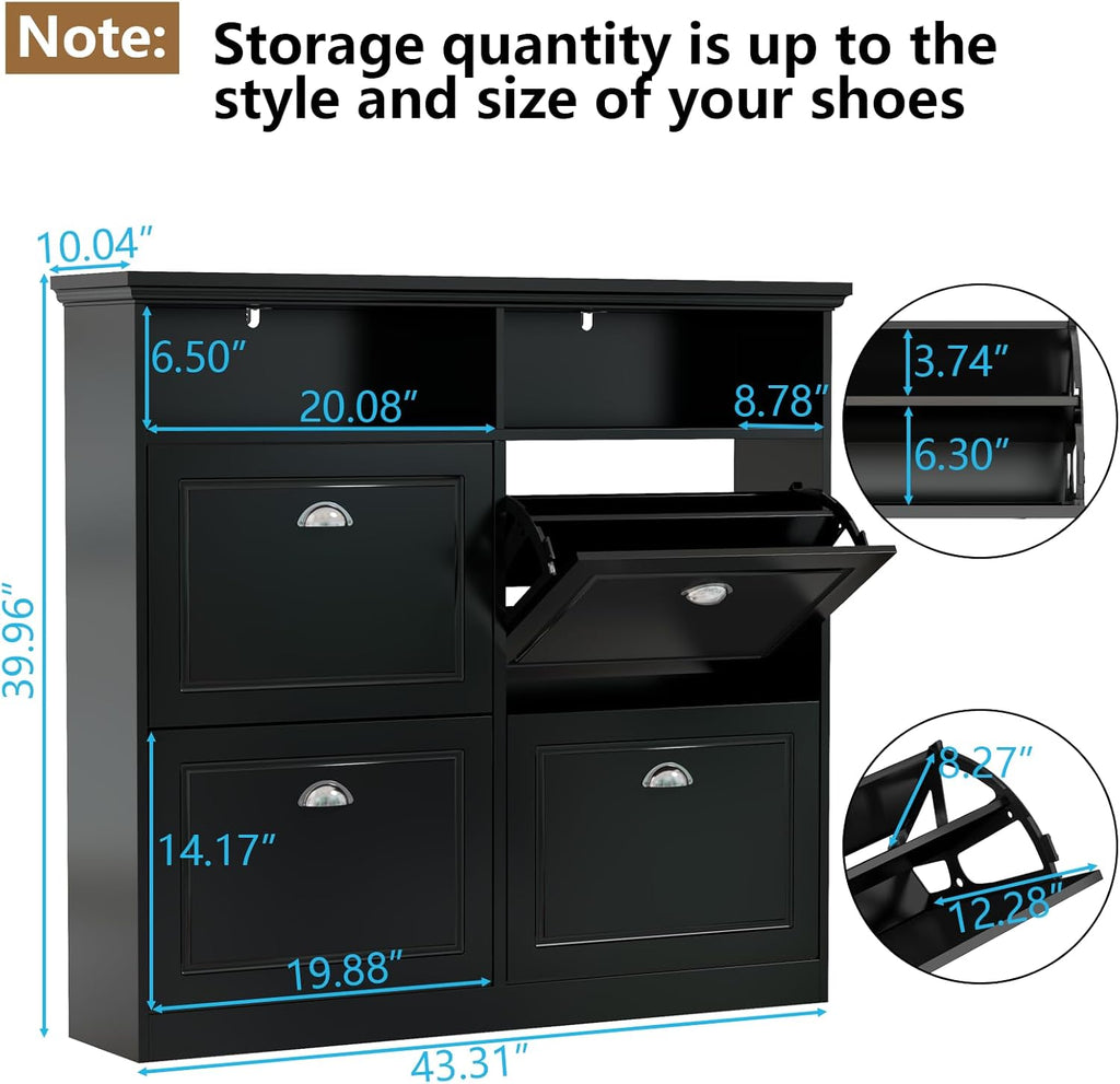 Shoe Cabinet with 4 Flip Drawers, Shoe Storage Cabinet for Entryway, Freestanding Hidden Shoe Cabinet Organizer with Open Storage, Slim Narrow Shoe Rack Cabinet (Black)