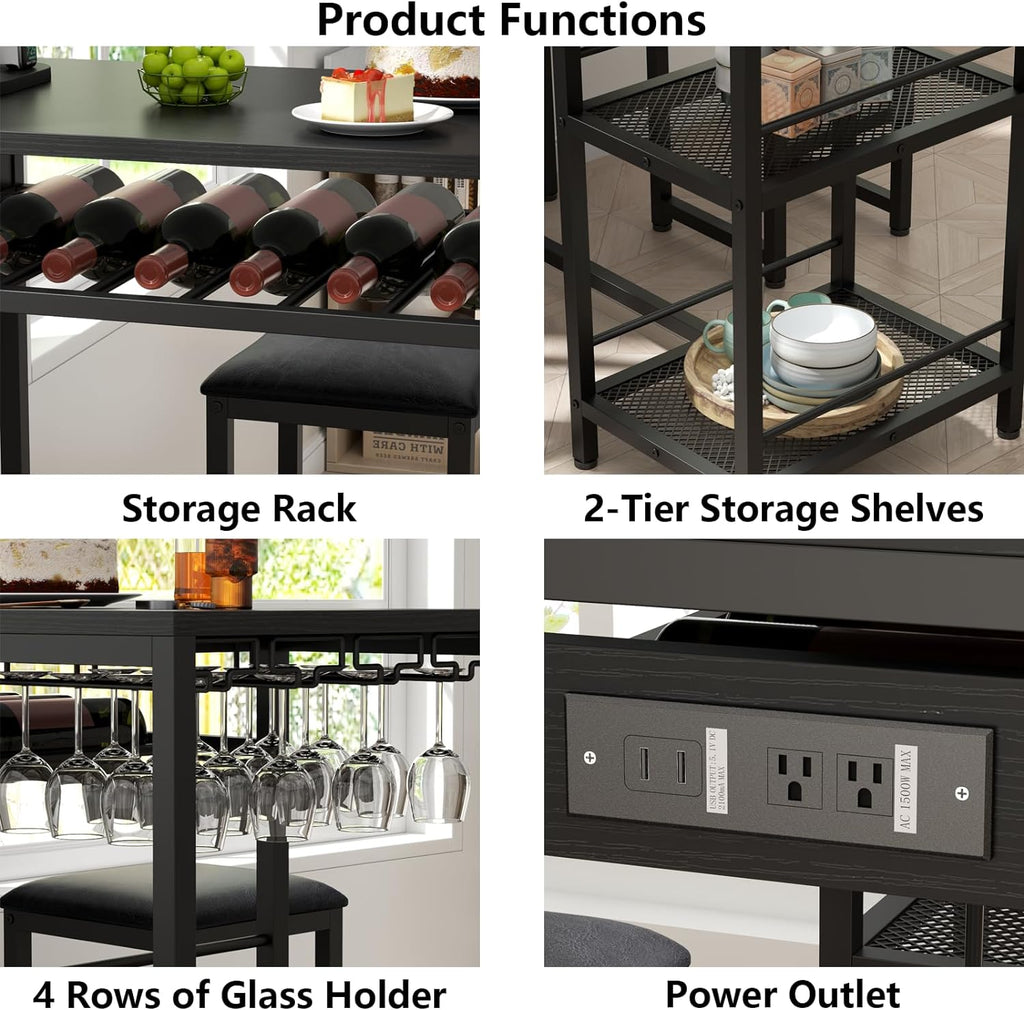 Bar Table and Chairs Set with Power Outlet, Pub Table and Chairs Set for 2 with 2 Storage Shelves, 3 Piece Table Set with Wine Rack&Glass Holder for Living Room,Dining Room,Small Apt (Black)