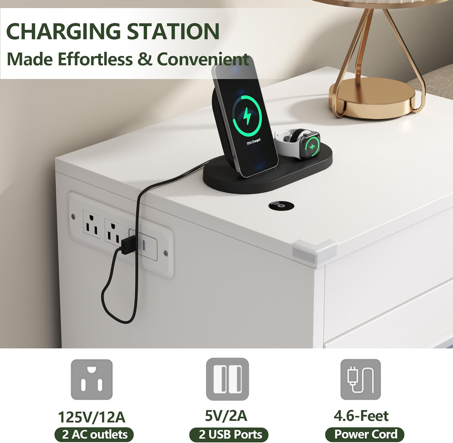 White Nightstand Set of 2 with Charging Station & RFID Lock Cabinet, Hidden Night Stand with LED Lights, Modern Bedside Table with Drawer & Valuables Storage, Secret Concealment Nightstand for Bedroom