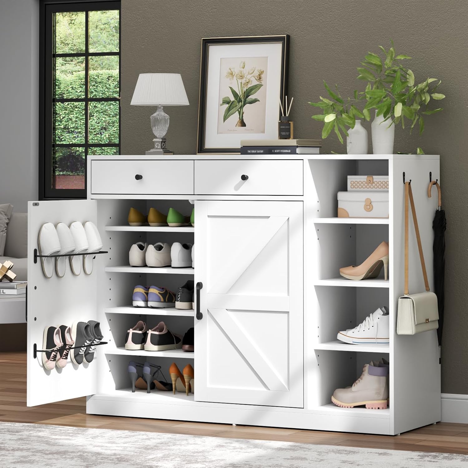Loomie 5-Tier Shoe Cabinet with 4 Side Cubbies, Farmhouse Shoe Rack Cabinet with 6 Adjustable Shelves & 2 Drawers, Freestanding Shoe Storage Cabinet with 4 Brackets & 2 Hooks for Entryway (White)