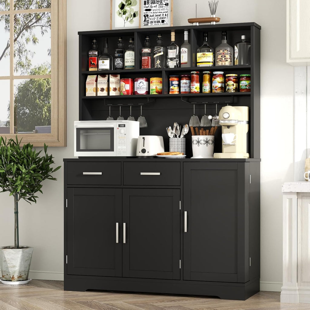 Tall Pantry Cabinet with Darwers, Modern Kitchen Hutch with Microwave Stand