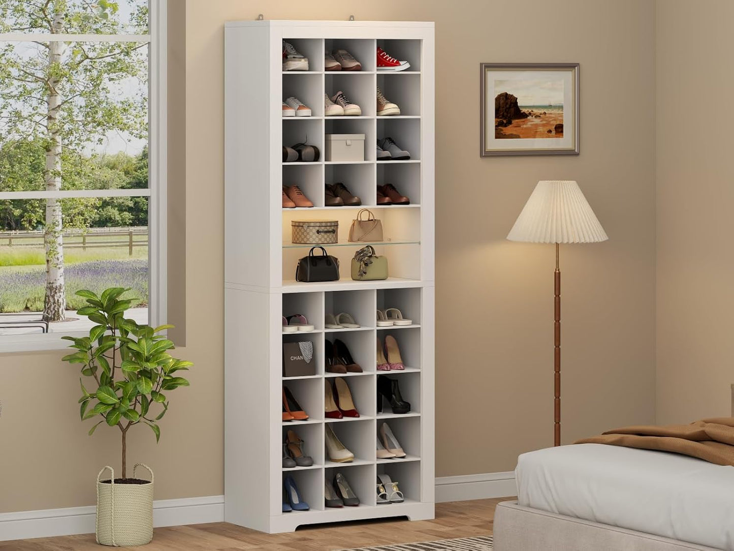 11-Tier Shoe Storage Cabinet, Wooden White Shoe Rack with 27 Cubbies, 69" Tall Free Standing Shoe Organizer with LED Lights & Adjustable Shelf for Entryway, Closet, Display Cabinet for Living Room