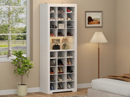 11-Tier Shoe Storage Cabinet, Wooden White Shoe Rack with 27 Cubbies, 69" Tall Free Standing Shoe Organizer with LED Lights & Adjustable Shelf for Entryway, Closet, Display Cabinet for Living Room