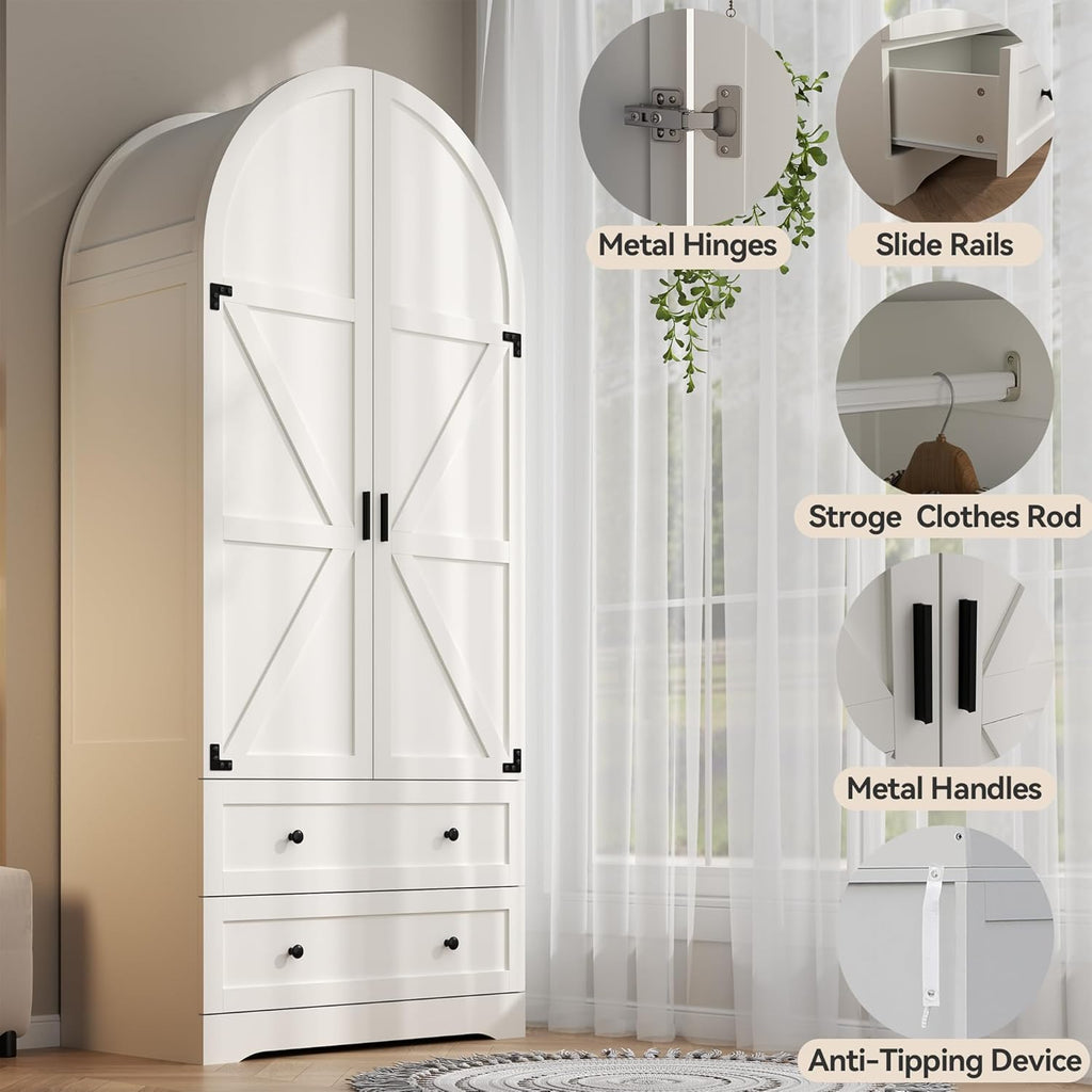 74.8" White Armoire Wardrobe Closet with 2 Drawers and 2 Doors, Tall Bedroom Freestanding Armoire Storage Cabinet with Shelves, Wood Large Wardrobe Combination for Hanging Clothes (White)