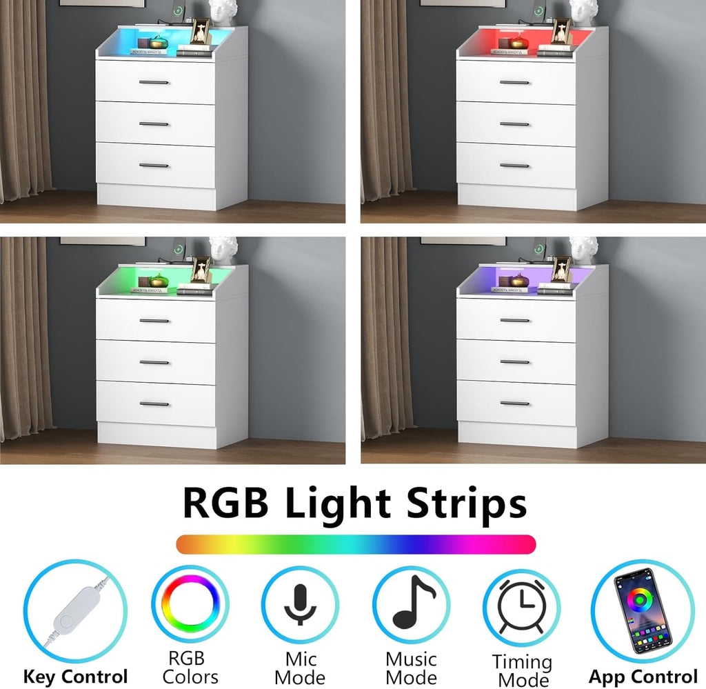 3 Drawer Dresser for Bedroom with Power Outlet, White Dresser with LED Light, Modern Dressers with Open Storage Cubby, Chest of Drawers Storage Organizer for Hallway, Living Room (White)…