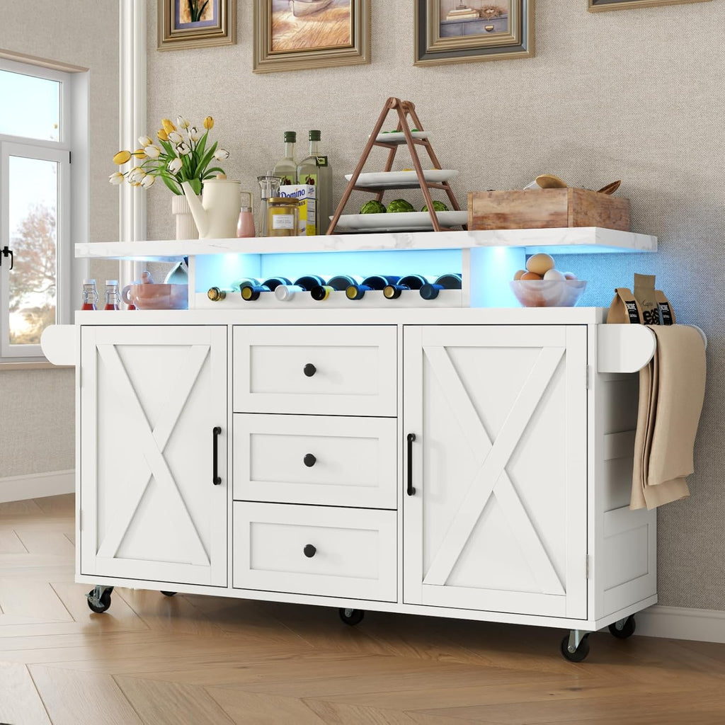 Rolling Kitchen Island Cart with Storage, Kitchen Island on Wheels with LED Lights & 3 Drawers, Side Table with Spice Rack & Towel Rack, Large Mobile Islands Table for Dining Room, White