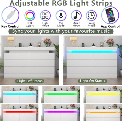 6 Drawer Dresser with Power Outlet, Dresser with LED Light, Modern Chest of Drawers for Closet, Double Wide Drawer Organizer Cabinet for Bedroom, Living Room (White, 6 Drawers)