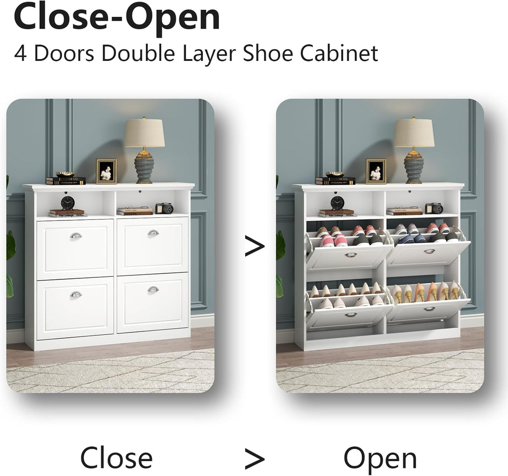 Shoe Cabinet with 4 Flip Drawers, Shoe Storage Cabinet for Entryway, Freestanding Hidden Shoe Cabinet Organizer with Open Storage, Slim Narrow Shoe Rack Cabinet (White)
