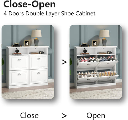 Shoe Cabinet with 4 Flip Drawers, Shoe Storage Cabinet for Entryway, Freestanding Hidden Shoe Cabinet Organizer with Open Storage, Slim Narrow Shoe Rack Cabinet (White)