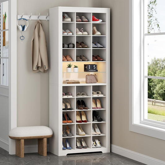 11-Tier Shoe Storage Cabinet, Wooden White Shoe Rack with 27 Cubbies, 69" Tall Free Standing Shoe Organizer with LED Lights & Adjustable Shelf for Entryway, Closet, Display Cabinet for Living Room