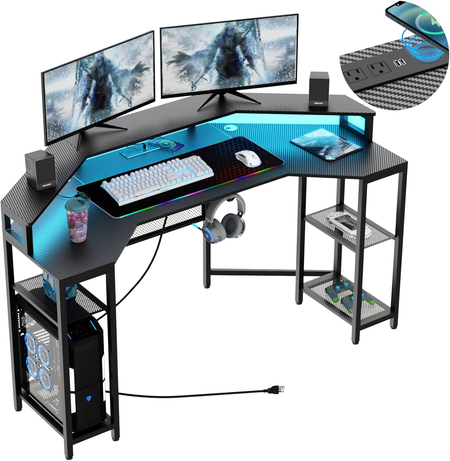 63" Computer Desk with Power Outlet & LED Light, Wing-Shaped Gaming Desk with Shelves, Full Monitor Stand,Wireless Charging,RGB Mouse Pad,Headphone Hook, Home Office Desk (Black)