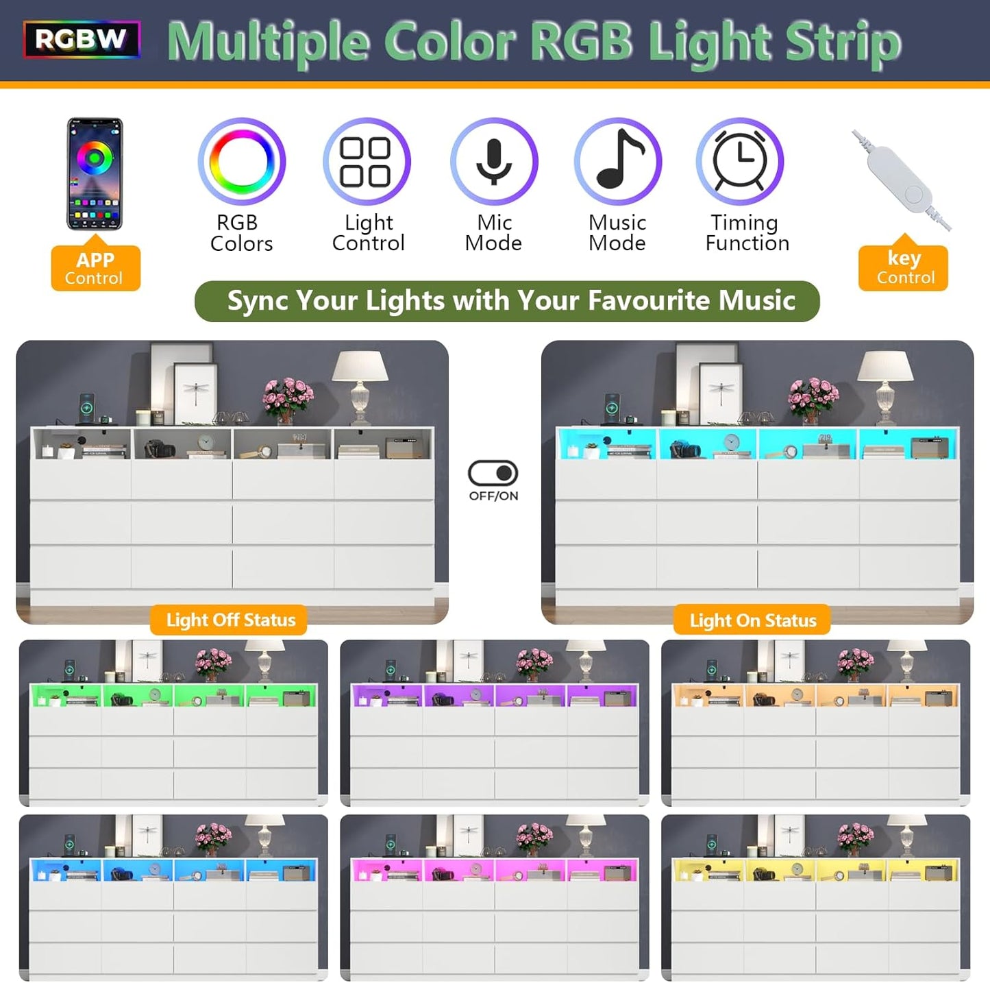 63" Wide 6-Drawer White Dresser with Divided Compartments, Charging Station & LED Lights, TV Stand for TVs up to 75", Large Organizer with 4 Open Cubbies
