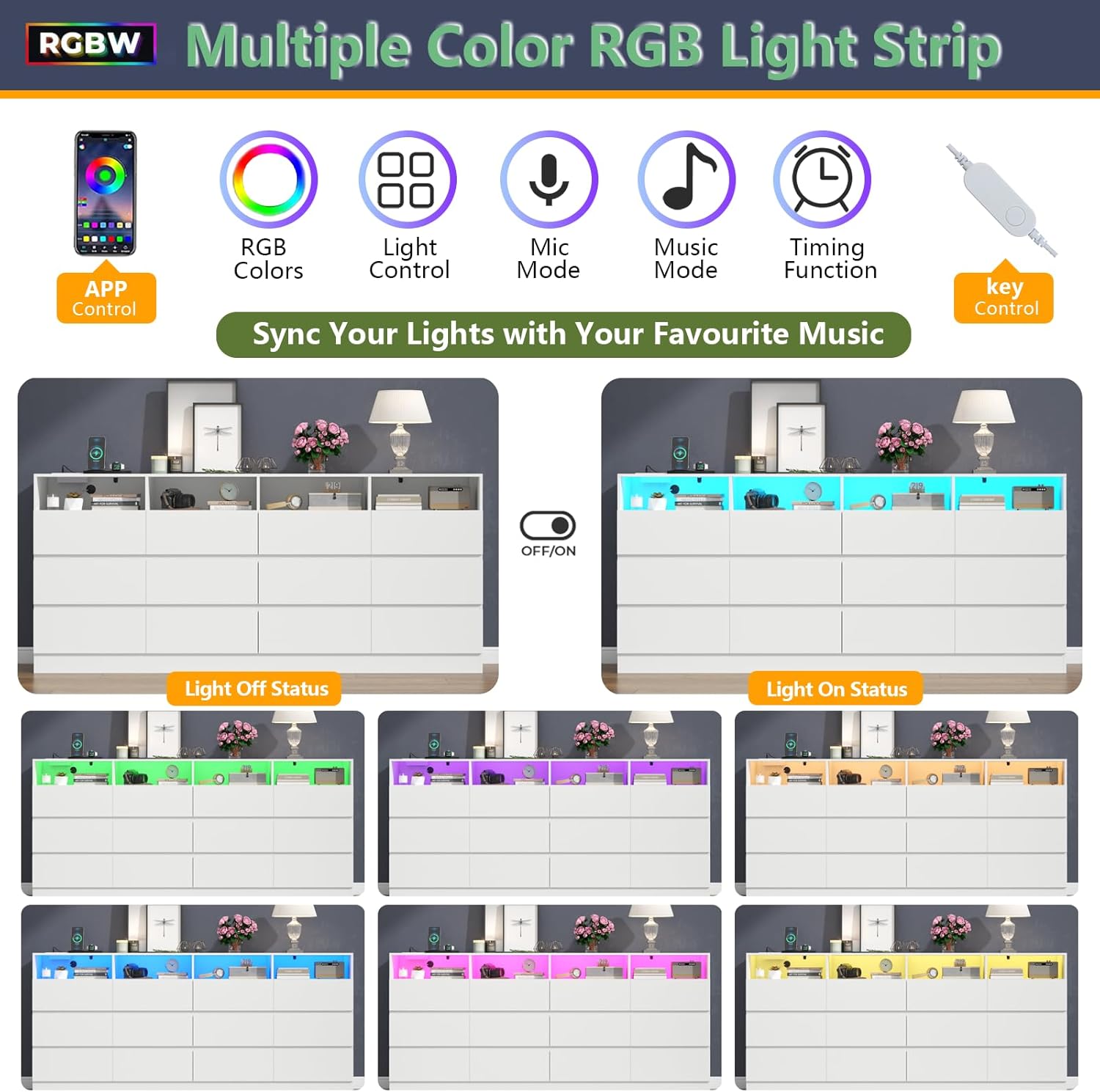 63" Wide 6-Drawer White Dresser with Divided Compartments, Charging Station & LED Lights, TV Stand for TVs up to 75", Large Organizer with 4 Open Cubbies