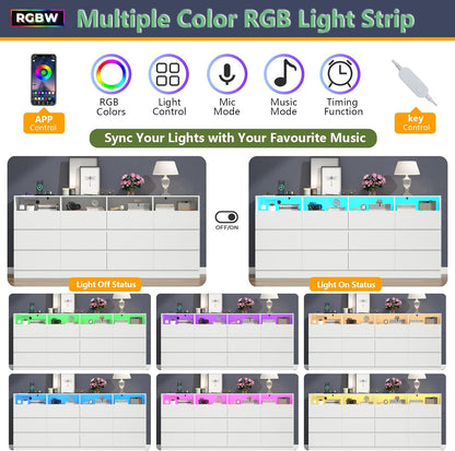 63" Wide 6-Drawer White Dresser with Divided Compartments, Charging Station & LED Lights, TV Stand for TVs up to 75", Large Organizer with 4 Open Cubbies