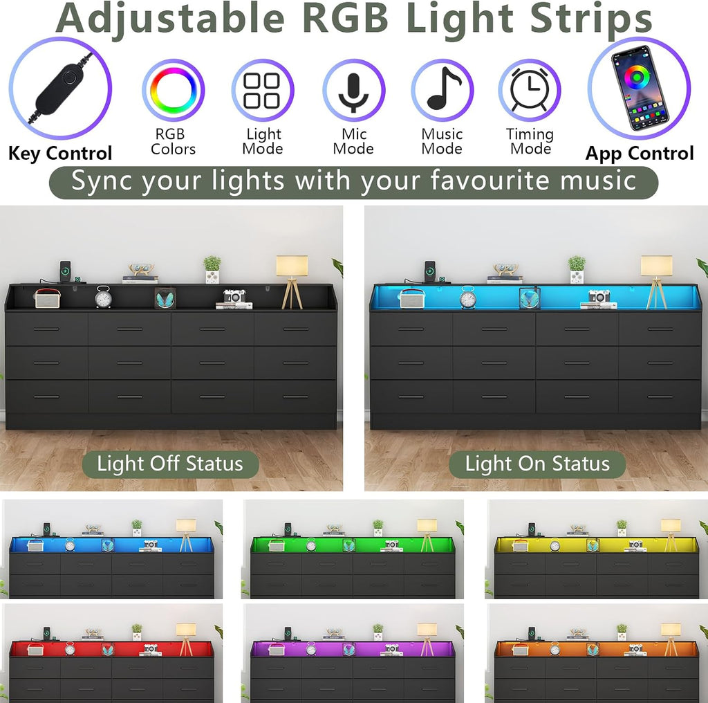 12 Drawer Dresser for Bedroom with Power Outlet,Modern Dresser w/ LED Light