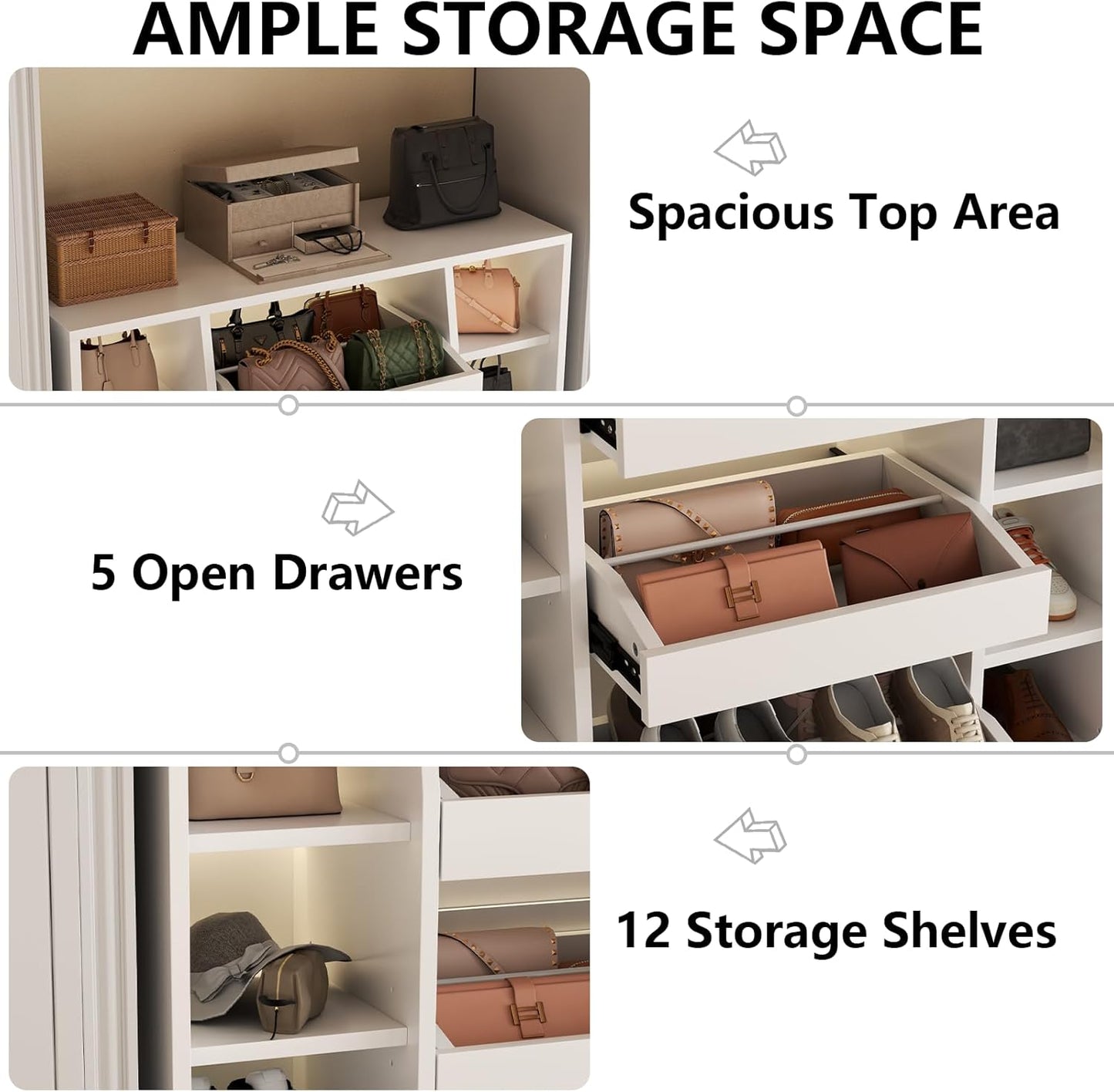 Auromie Shoe Storage Cabinet with 5 Drawers & 12 Shelves, Modern LED Shoe Rack & Handbag Storage Cabinet, Freestanding Shoes and Handbag Storage Organizer for Closet, Entryway, Living Room (White)