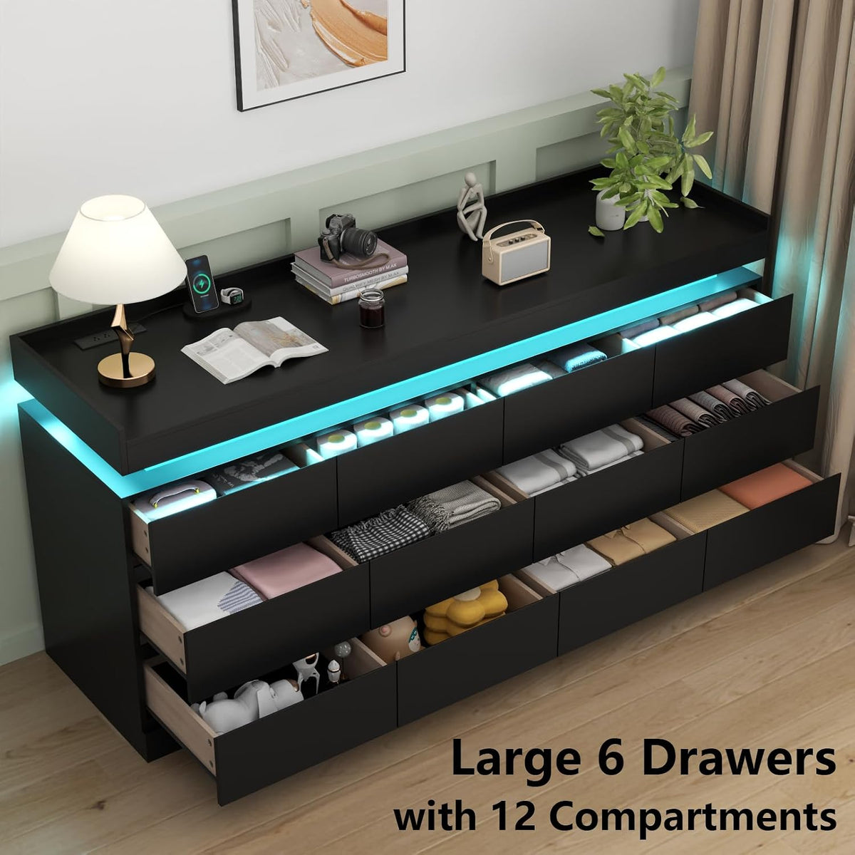 Extra Large 6 Drawer Dresser with 12 Compartment, Dresser with Power Outlet