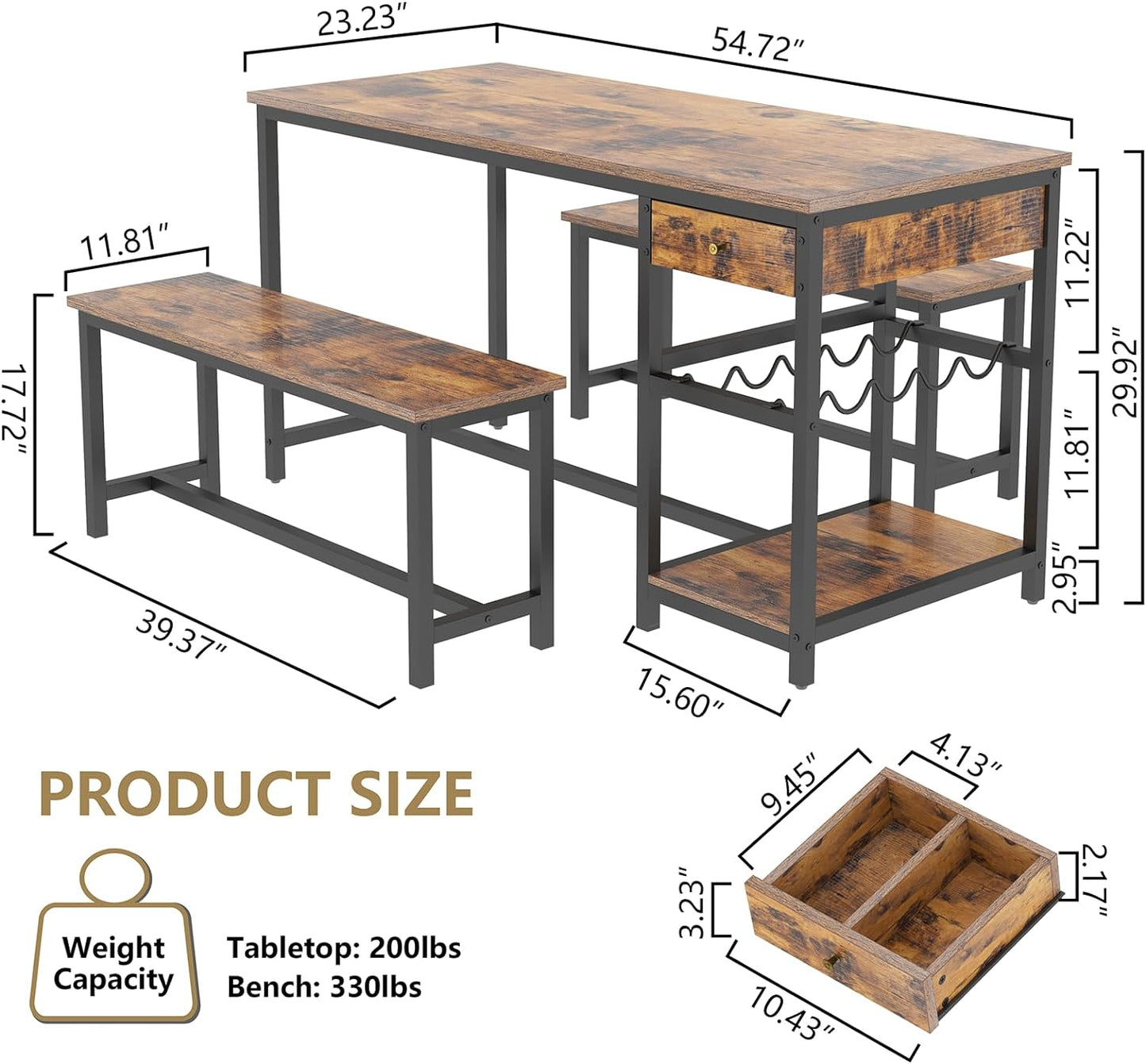 Dining Table Set for 4-6 People, 54.7" Kitchen Dinner Table with 2 Bench, Dining Room Tables Set with Storage Drawer & Shelf, 3-Piece Breakfast Nook Tables with Wine Rack &Glass Holder (Rustic)