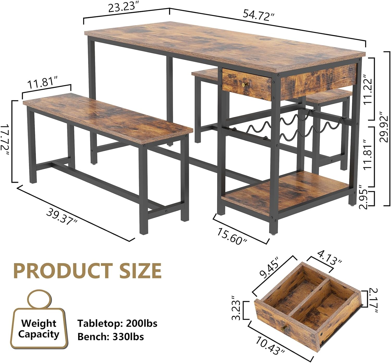 Dining Table Set for 4-6 People, 54.7" Kitchen Dinner Table with 2 Bench, Dining Room Tables Set with Storage Drawer & Shelf, 3-Piece Breakfast Nook Tables with Wine Rack &Glass Holder (Rustic)