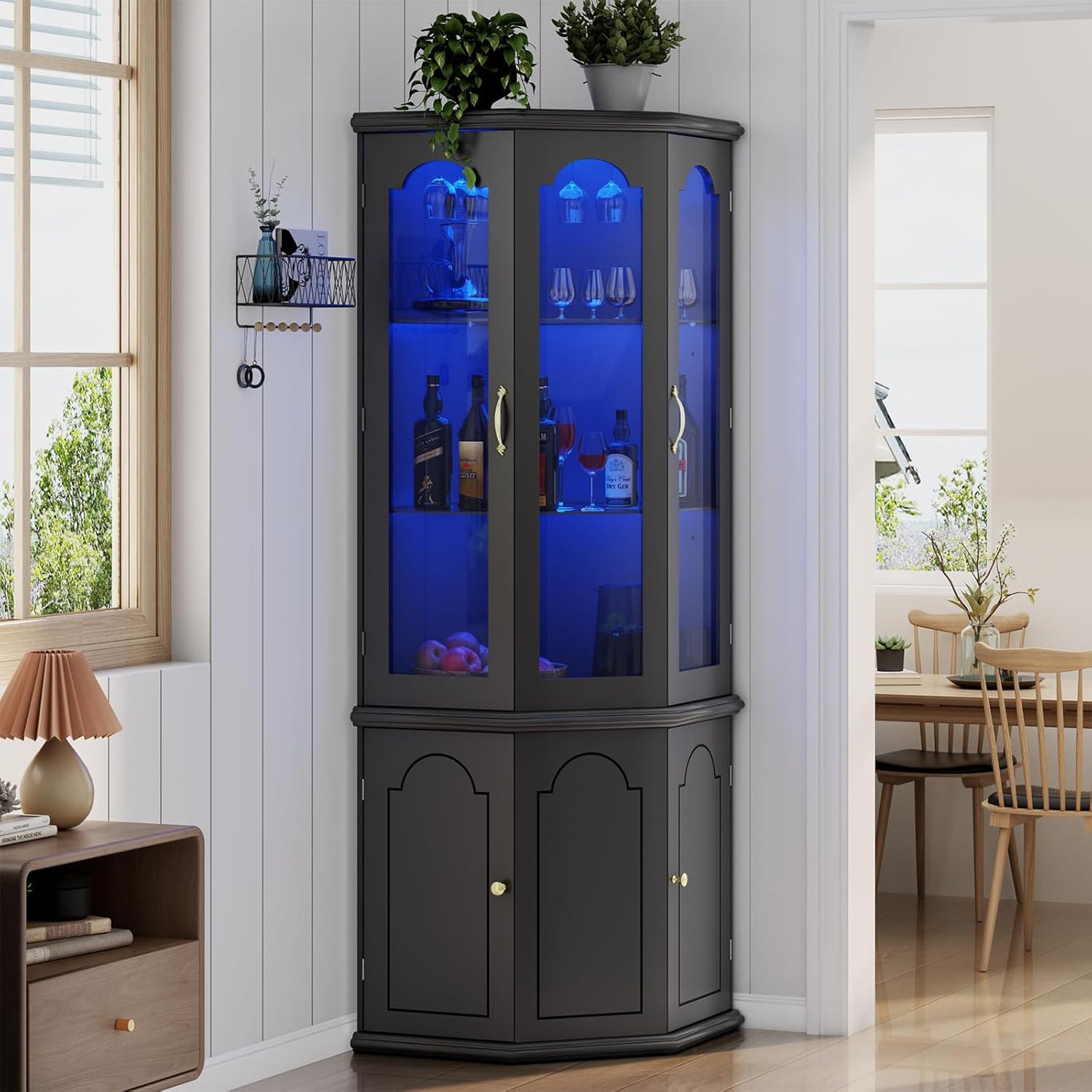 Corner Bar Cabinet w/LED Lights, Tall Modern Wine Cabinet with Tempered Glass Door & Adjustable Shelves, Home Bar Liquor Storage Cabinet with Glass Rack for Living Room, Dining Room (Black)