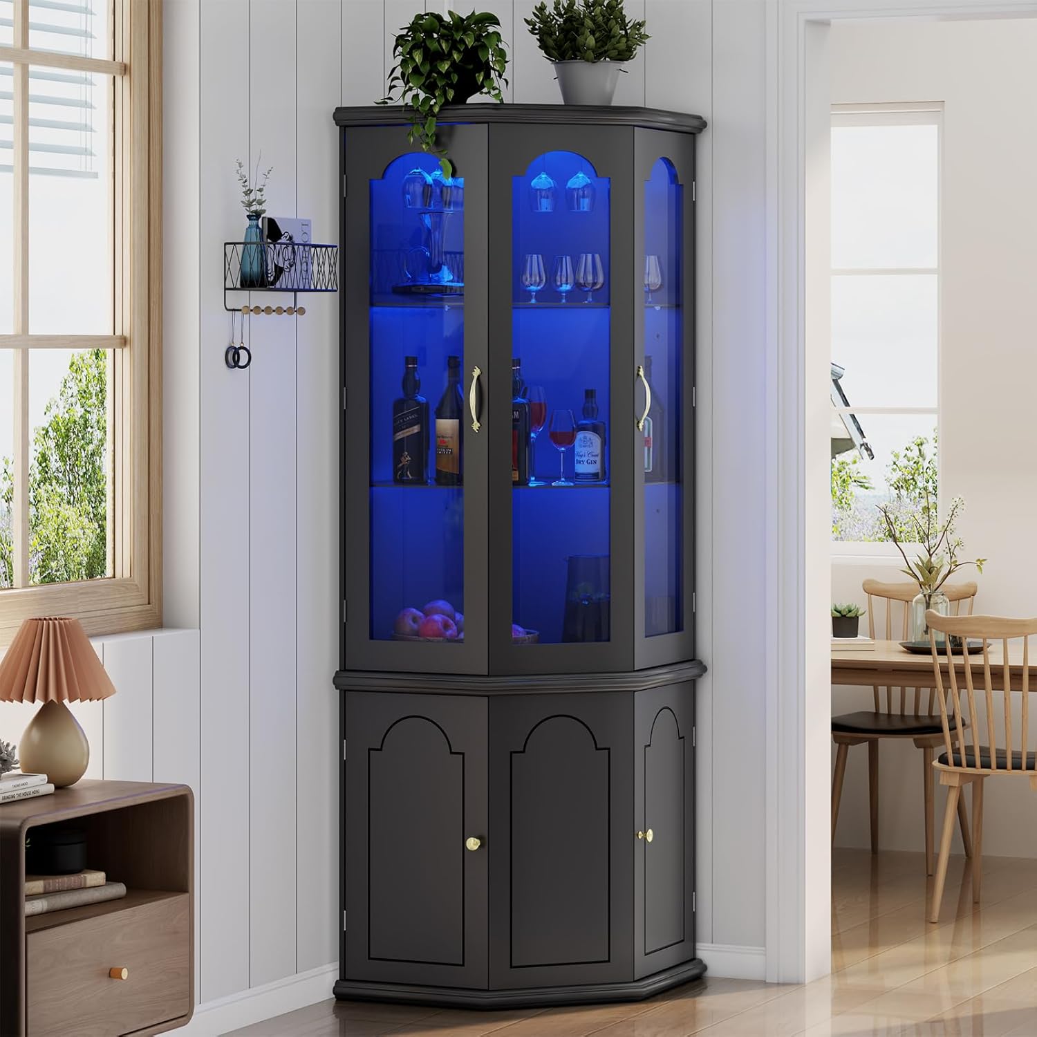 Corner Bar Cabinet w/LED Lights, Tall Modern Wine Cabinet with Tempered Glass Door & Adjustable Shelves, Home Bar Liquor Storage Cabinet with Glass Rack for Living Room, Dining Room (Black)