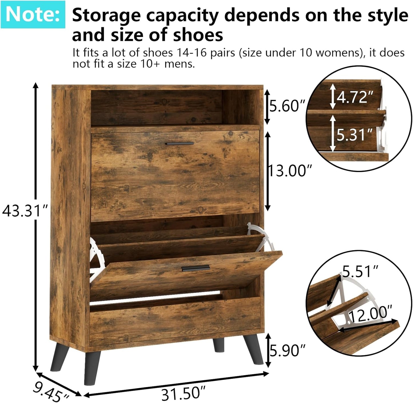 Entryway Shoe Storage Cabinet with 2 Flip Drawers, FreestandingShoe Organizer with Open Storage Space for Entryway, Narrow Shoe Rack Cabinet wih Rustic Brown Finsh (Rustic)