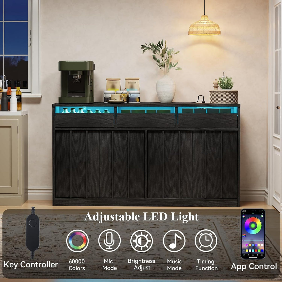 55'' Modern Buffet Cabinet with Outlet & Led, Black Sideboard with Drawer