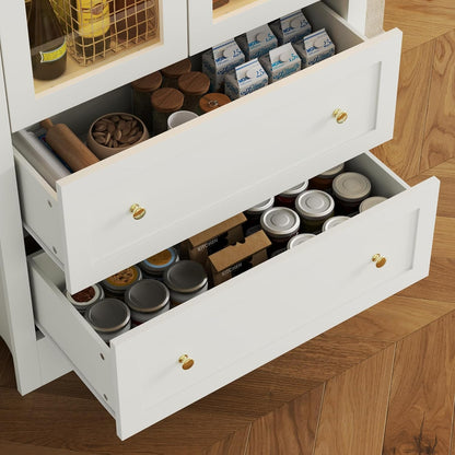 70" Tall Arched Bookcase with LED Lights, Modern Curved Cabinet with Glass Door, Arched Bookshelf Cabinet with 2 Storage Drawers, Display Storage Cabinet with Adjustable Shelves for Living Room,White