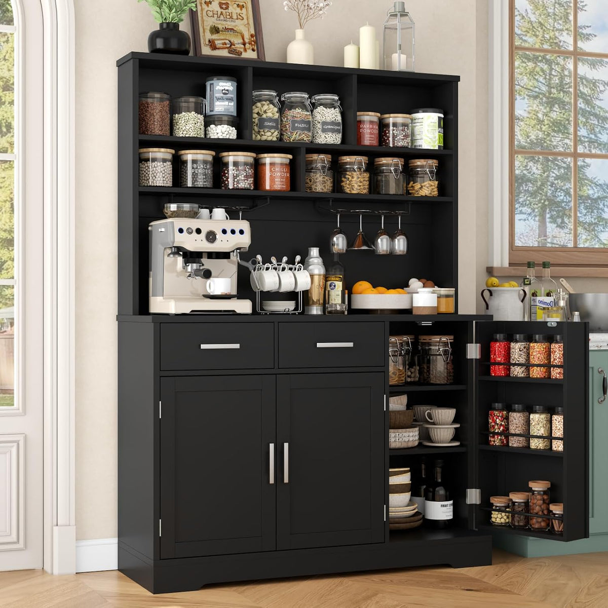 Tall Pantry Cabinet with Darwers, Modern Kitchen Hutch with Microwave Stand
