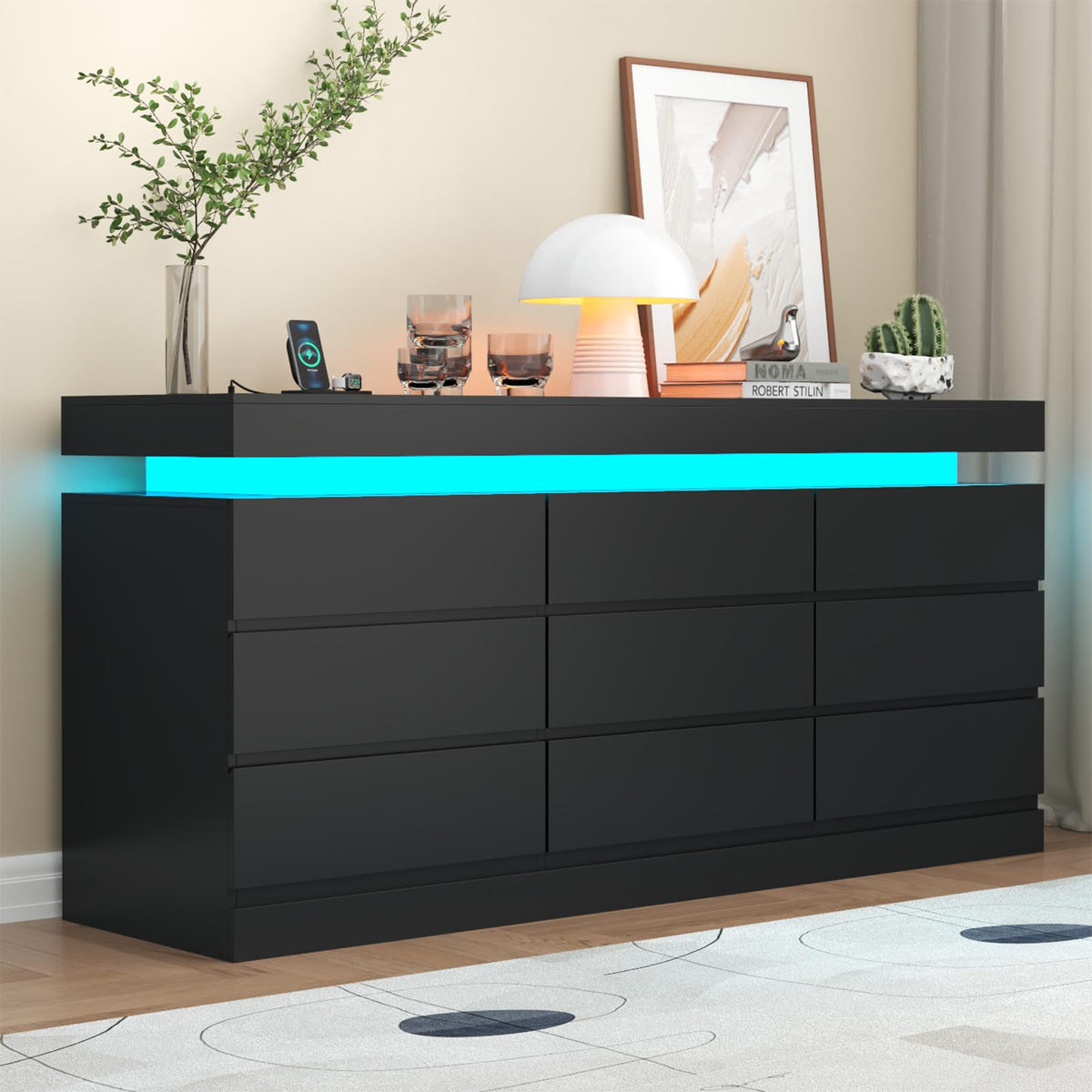 Gyfimoie 8 Drawer Dresser with Power Outlet, Modern Dresser with LED Light