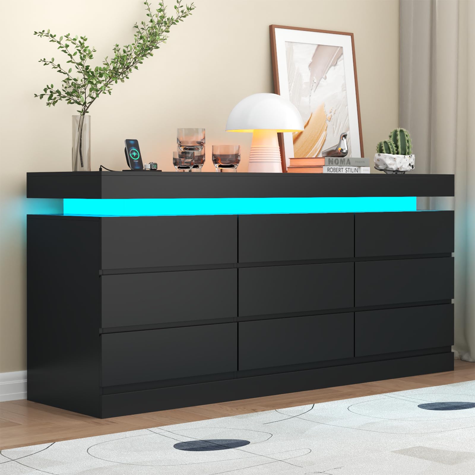 12 Drawer Double Wide Dresser with Power Outlet & LED Light, Modern Bl –  gyfimoie
