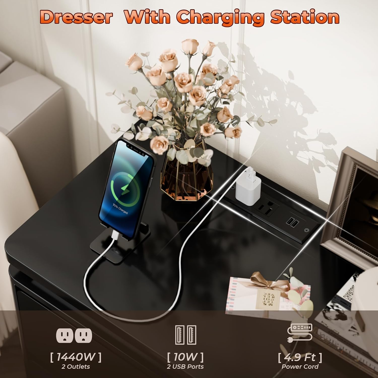 6 Drawer Black Dresser for Bedroom, 47.2" Long Chest of Drawers with Charging Station & LED Lights, Double Wooden Storage Cabinet for Closet,Modern Dresser TV Stand with Deep Drawers