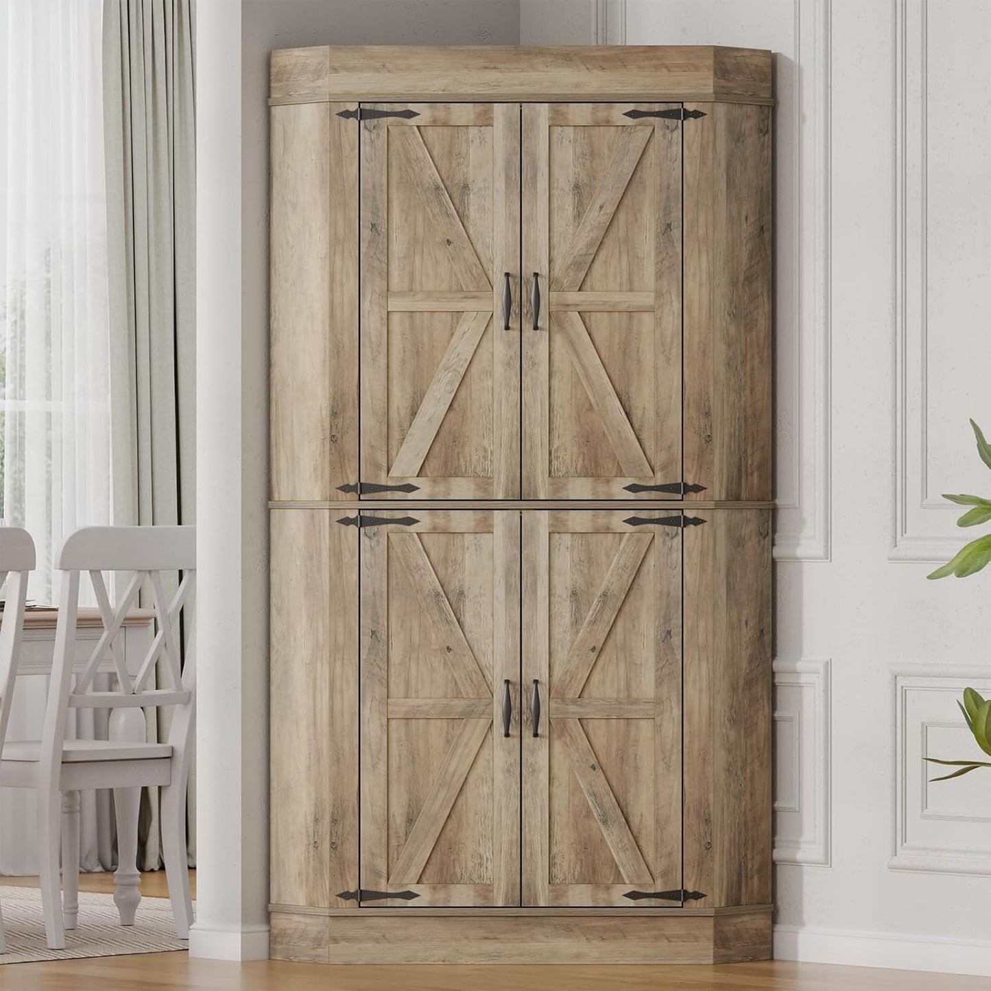 Corner Cabinet,Kitchen Pantry Storage Cabinet,Freestanding Buffet Hutch with 4 Doors and Shelves,Tall Food Pantry Farmhouse Furniture with Side Rack for Kitchen Dining Room(Retro)