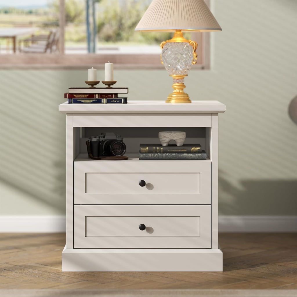 Nightstand with Side Drawer, Night Stand, End Table with Hidden Storage Space, Bedside Table with Open Shelf, 2 Drawers Dresser for Bedroom, Living Room, Closet (White)