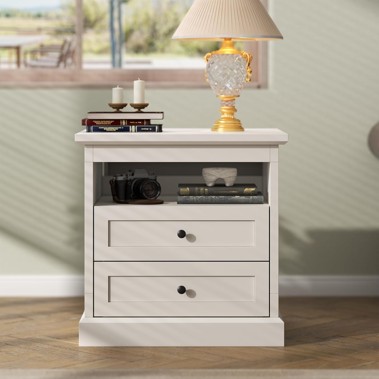Nightstand with Side Drawer, Night Stand, End Table with Hidden Storage Space, Bedside Table with Open Shelf, 2 Drawers Dresser for Bedroom, Living Room, Closet (White)