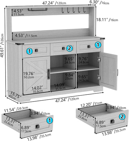 Farmhouse Bar Cabinet with Hutch, Kitchen Buffet Cabinet with Storage Cabinet & 3 Sliding Drawers, Adjustable Shelf, Goblet Holder, Cup Hooks for Living Room, Dining Room Use (Grey)