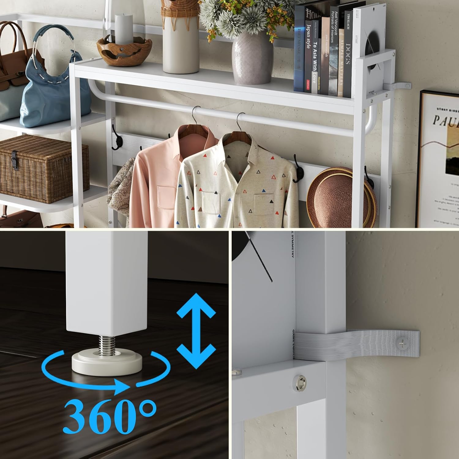 7-in-1 Hall Tree with Bench and Shoe Storage for Entryway, Entryway Bench with Coat Rack, Storage Shelves, Shoe Race, Coat Hooks and 2 Fabric Drawers for Hallway(White)